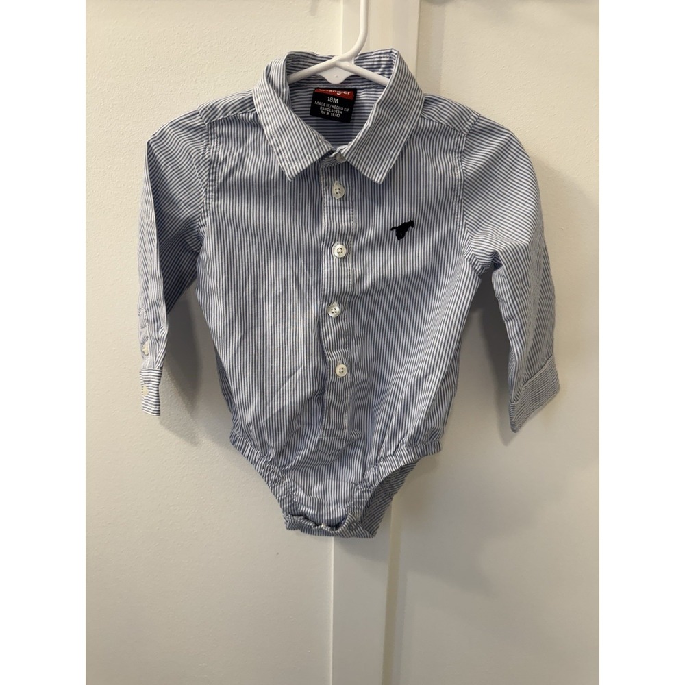 Wrangler Boys 18 Months Bodysuit Long Sleeve Button Up Blue Plaid Shirt Logo